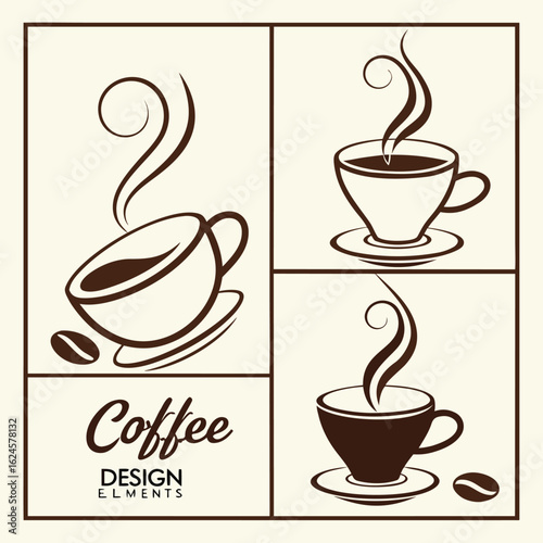 Stylized Dark Brown Coffee Cups with Steam and Beans on Cream Background beverage