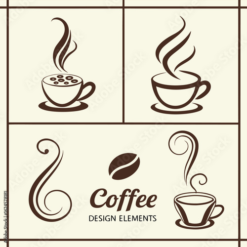 Stylized brown coffee cups with steam and coffee beans on cream background beverage