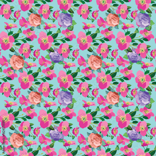 Flat vector pink sakura cherry blossoms and roses seamless pattern texture.