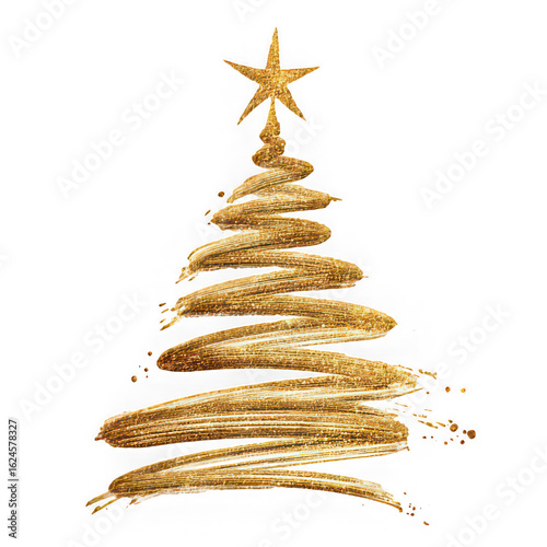 Golden Christmas tree illustration with sparkling star on top, festive abstract brushstroke style, joyful holiday decoration, elegant and modern seasonal design