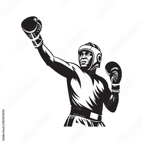 Victorious boxer raising fist in celebration wearing headgear and gloves