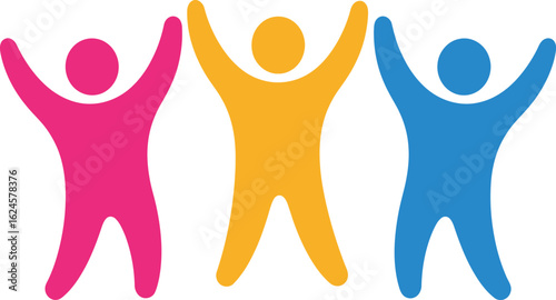 Three stylized figures in pink yellow and blue with arms raised in celebration isolated on transparent background