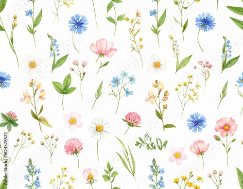 Delicate watercolor wildflowers bloom creating a serene and charming natural pattern for spring