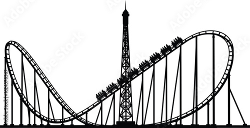 Black and white illustration of a complex roller coaster with a drop tower in the center isolated on transparent background