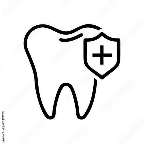 Minimalist black outline vector icon of a tooth and a shield with a plus sign inside, symbolizing dental care, oral health, and medical protection. Isolated on a transparent background