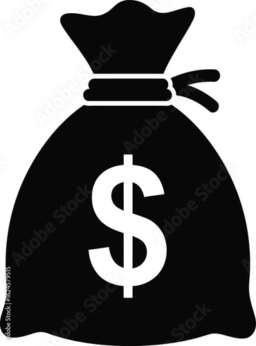 Black silhouette of a money bag with a dollar sign isolated on transparent background