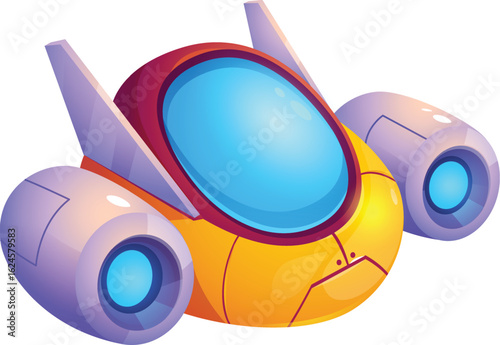 Cartoon spaceship illustration with blue cockpit and engines for science fiction and futuristic designs