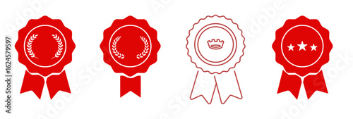 Medal vector icon set. Symbol of approval, certified, qualified, the best, check mark and number one