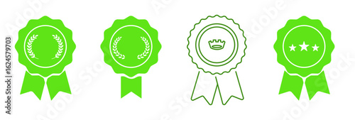 Medal vector icon set. Symbol of approval, certified, qualified, the best, check mark and number one.
