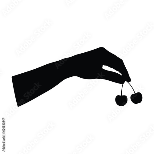 Silhouette of a hand delicately holding two cherries; minimalist, elegant, and sensual.