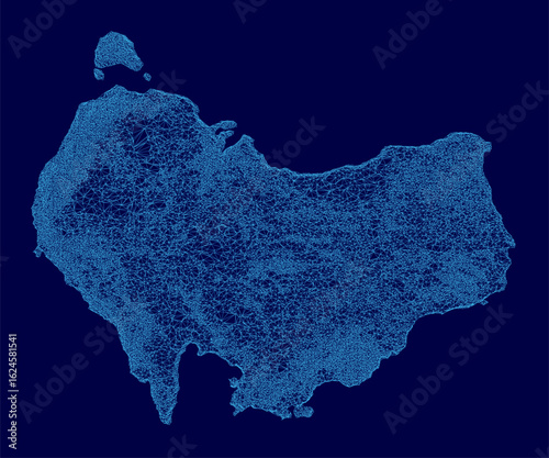 Blue wireframe map of the Australia features intricate lines and shapes on a dark blue background, resembling a digital network. The abstract design evokes a futuristic or technical aesthetic.