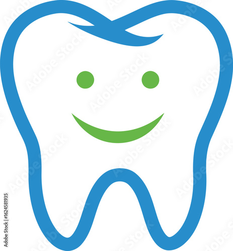 Cute cartoon tooth with a happy face and blue outline isolated on transparent background