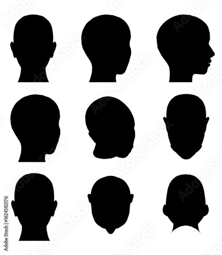 Black silhouettes of men's heads arranged in a row on clean white background. Simple yet striking monochrome design with sharp outlines. Ideal for gender studies, psychology concepts.
