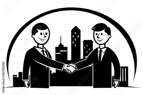 EBusiness Handshake with City Backdrop Silhouette Vector – Corporate Partnership and Urban Business Concept
