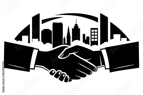 EBusiness Handshake with City Backdrop Silhouette Vector – Corporate Partnership and Urban Business Concept