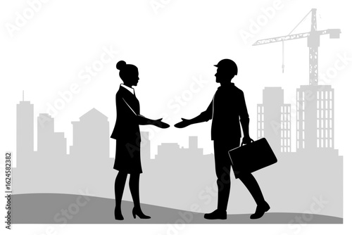 EBusiness Handshake with City Backdrop Silhouette Vector – Corporate Partnership and Urban Business Concept