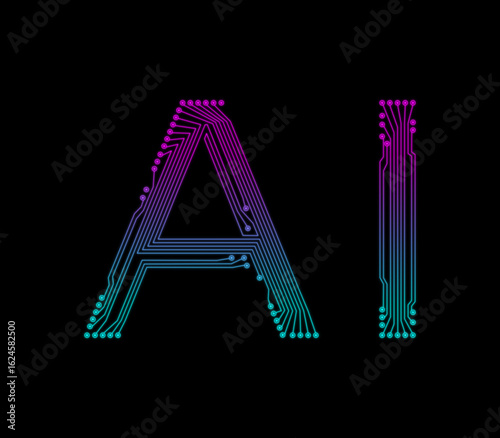 Letters AI composed of interconnected, thin lines and dots, circuit board-like pattern. Artificial intelligence concept in vibrant gradient purple and blue, dark background, futuristic.