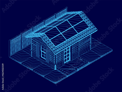 A small house blueprint with detailed contours of walls, windows, and roof stands out against a solid blue background. The white lines contrast sharply with the vibrant blue.