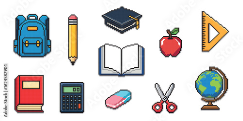Set of school supplies icons in pixel art style, objects, 8 bit, on white background