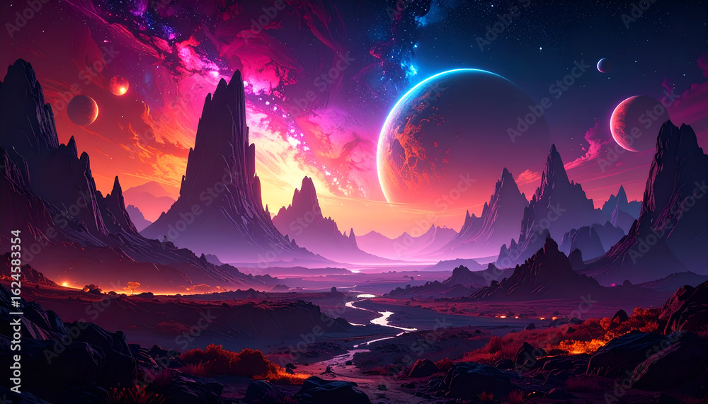 Naklejka premium Celestial Vista: Jagged Peaks Under a Vibrant Cosmic Nebula Sky