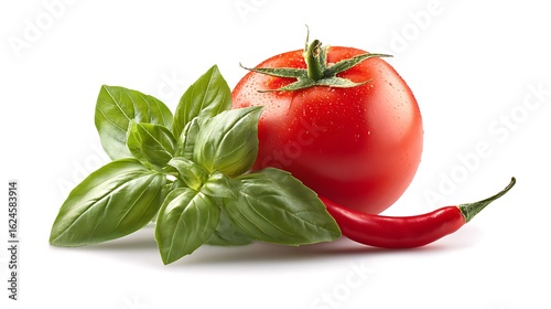 A simple, vibrant and realistic arrangement. A ripe red tomato, a few fresh green basil leaves, and a small, fiery red chili pepper.