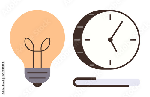 Light bulb signifying creativity next to a clock symbolizing time management, placed above a line accent. Ideal for innovation, productivity, organization, efficiency, planning, problem-solving