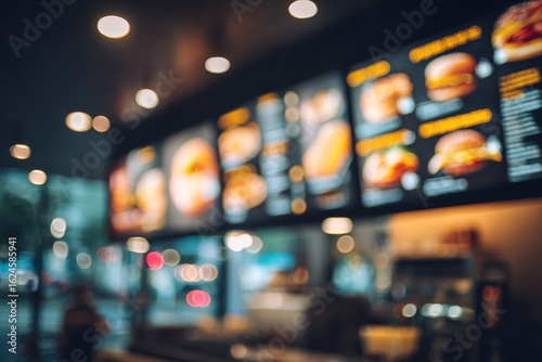 Blurred fast food restaurant interior with menu boards