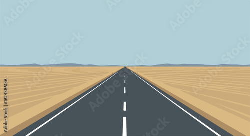 Driving on the road through desert on a sunny day, mountains in the back. For ads