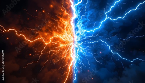 Fiery orange and electric blue lightning clash in abstract energy field