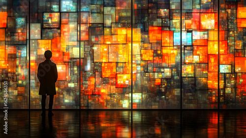 Person viewing colorful digital wall display futuristic technology concept