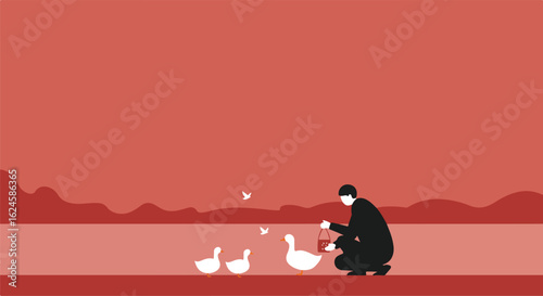 Feeding ducks by lake, hills behind. Concept for animal care, kindness