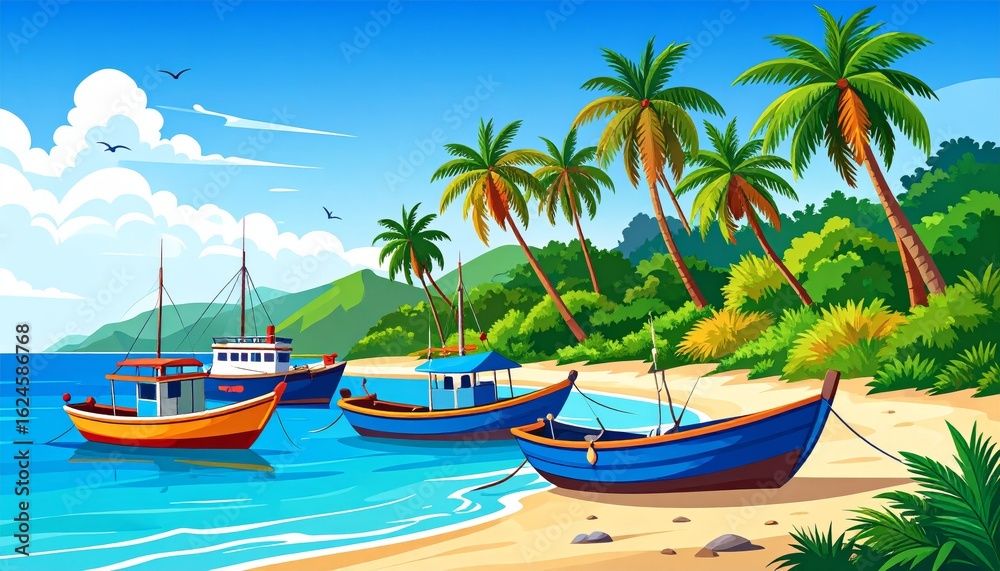 Fototapeta premium vector illustration of Tropical coastline landscape with colorful fishing boats, palm trees