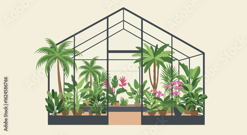 Plants Grow in a Greenhouse. Palms and Flowers Thrive in the Garden Building