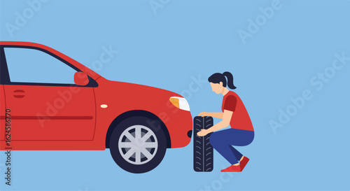 Woman changes flat tire on red vehicle, on plain background for DIY car repair