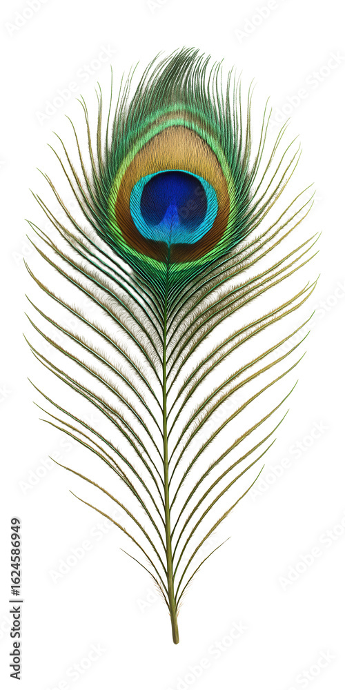 Obraz premium A detailed image of a vibrant peacock feather featuring iridescent shades of blue, green, and brown with a distinct eye pattern at the center, set against a white background.