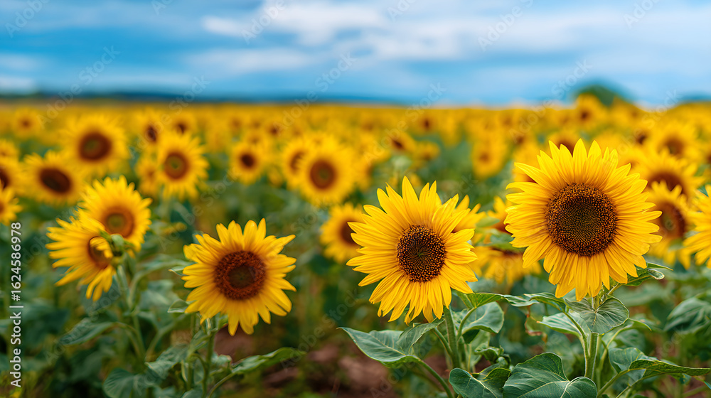 Fototapeta premium Immerse Yourself in the Vibrant Beauty of a Blossoming Sunflower Field: Nature's Masterpiece of Sun-Kissed Blooms and Serenity