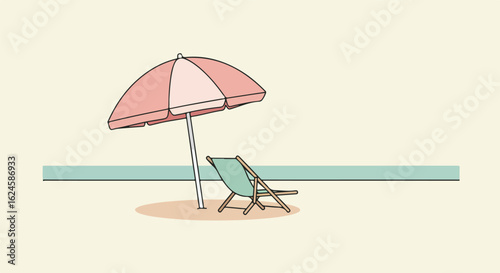 Beach chair under an umbrella on a sand beach with an ocean background. Travel usage