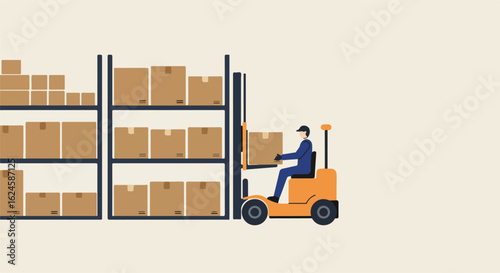 Man driving forklift raises box in warehouse with shelves full of boxes in background