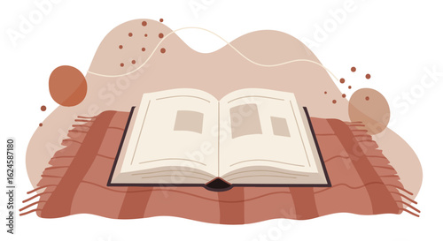 Opened book on cozy blanket, abstract shapes floating behind, illustration use