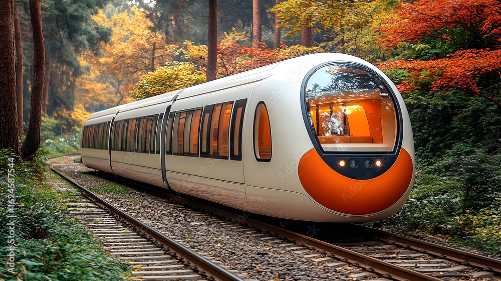 Naklejka premium Modern train traveling through autumn forest scenery