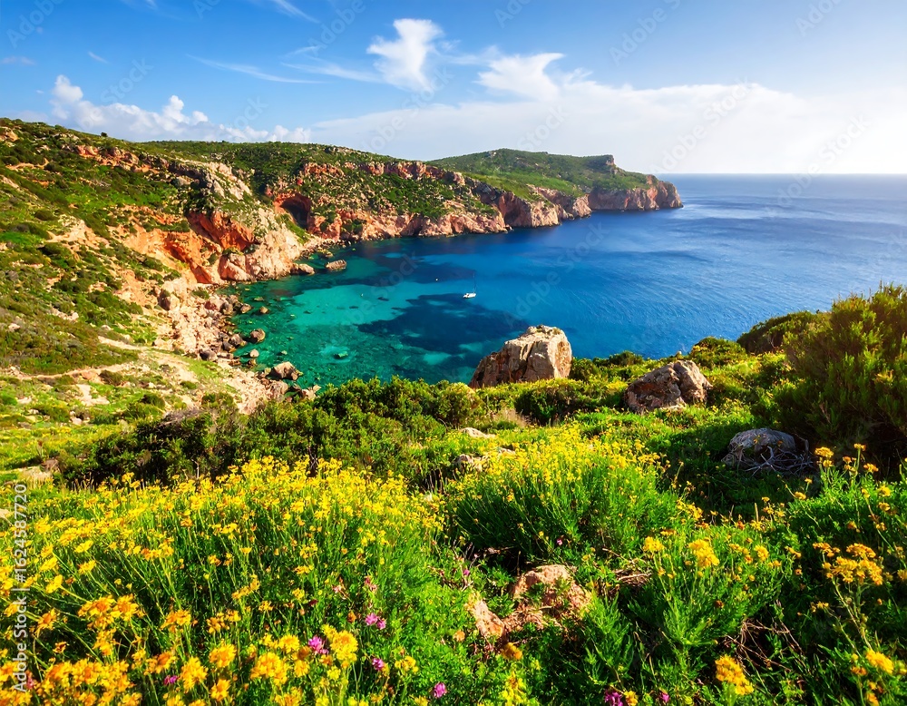 Naklejka premium Scenic Coastal Landscape with Turquoise Water and Wildflowers in Sardinia