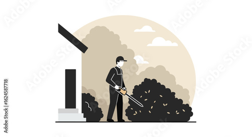 Gardener Trimming Shrubs Near House, Sky Background, Lawn Care/Landscaping Graphic