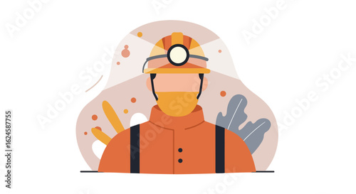 Illustrated miner with mask and helmet against a botanical backdrop