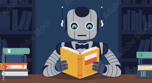 Robot reading at desk in library, bookshelves filled. Artificial learning use