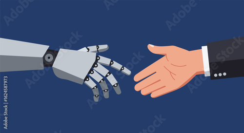 Robot, human hand reaching, partnership, blue background, AI integration usage
