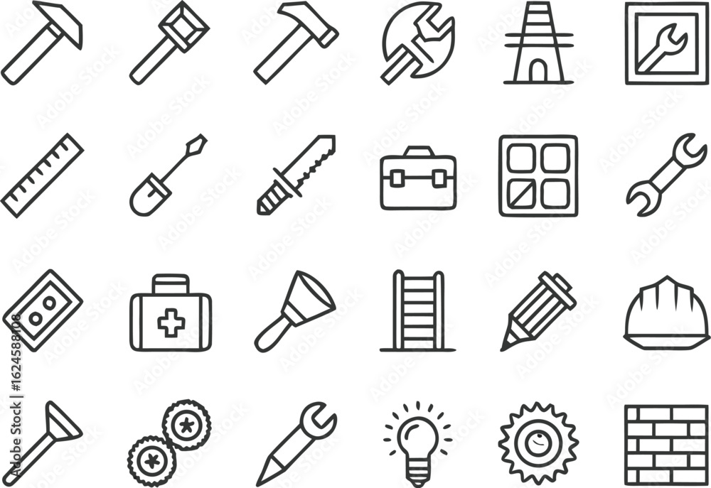 Fototapeta premium Collection of 35 black outline icons for construction and D I Y tools and equipment vector