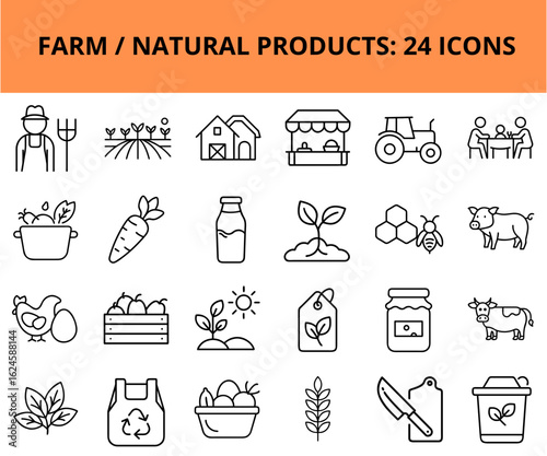 Farm and natural products icon set featuring 24 diverse elements  