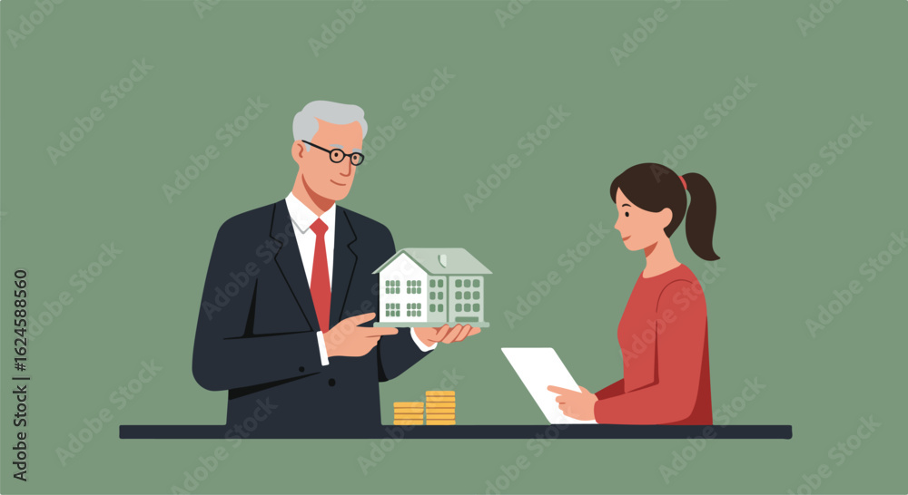 Fototapeta premium Realtor offers house model, signing papers in office. Finance options in background