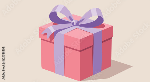 Present with bow rests on plain surface, flat design. Use birthday card