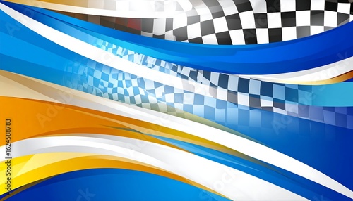 Abstract racing-themed design with flowing blue, orange, and white curves incorporating a checkered flag pattern